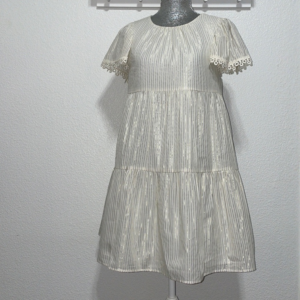 Aura stripes eyelet tiered‎ dress small gold/cream wedding rehearsal vacation